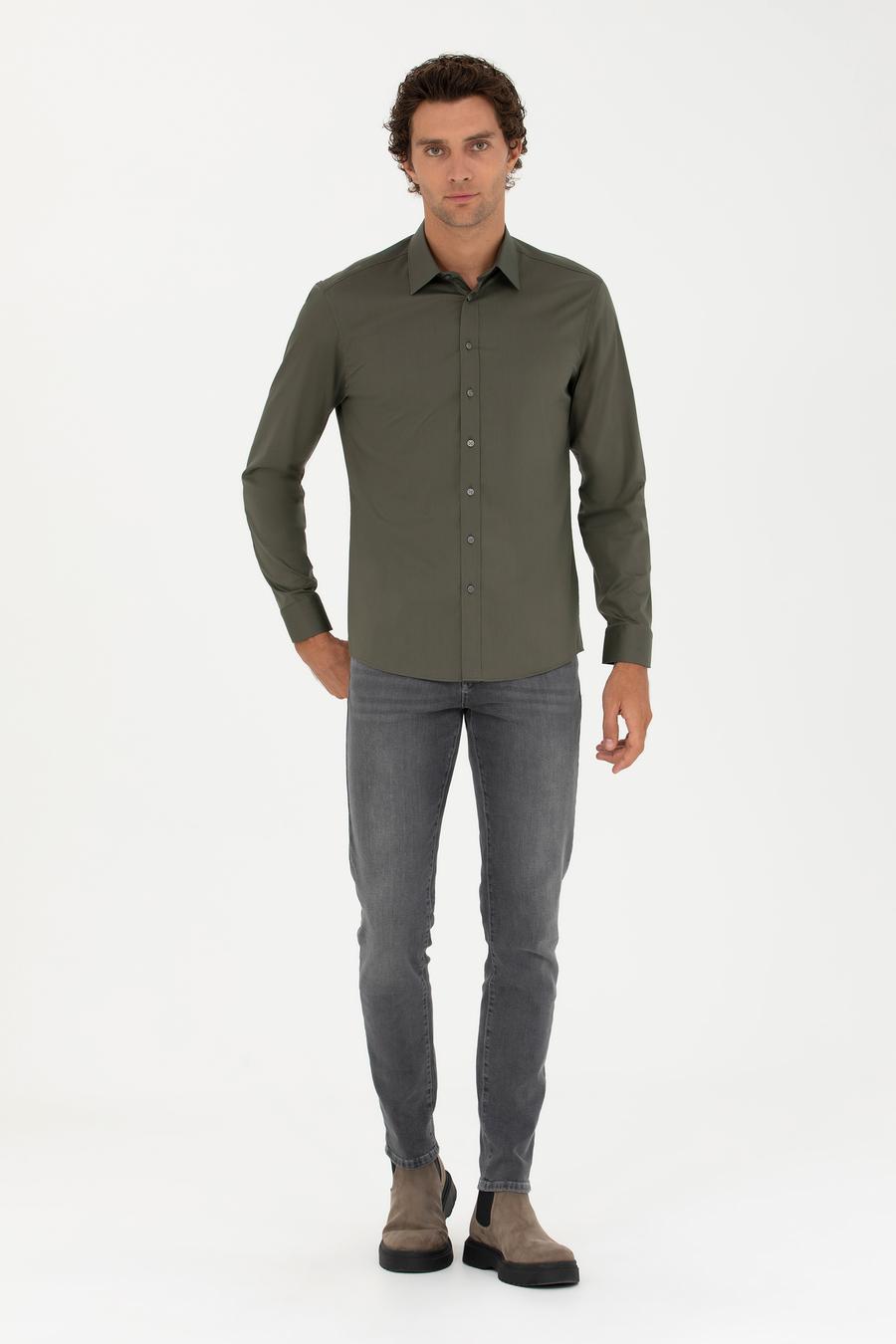 Haki Slim Fit Pamuk Karışımlı Klasik Gömlek - 50282995063