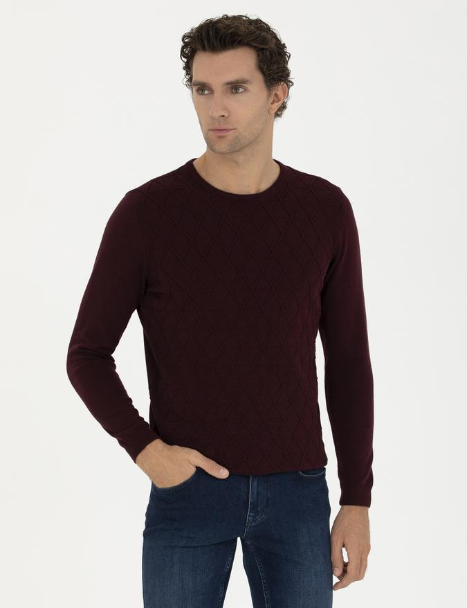 Bordo Slim Fit Bisiklet Yaka Triko Kazak