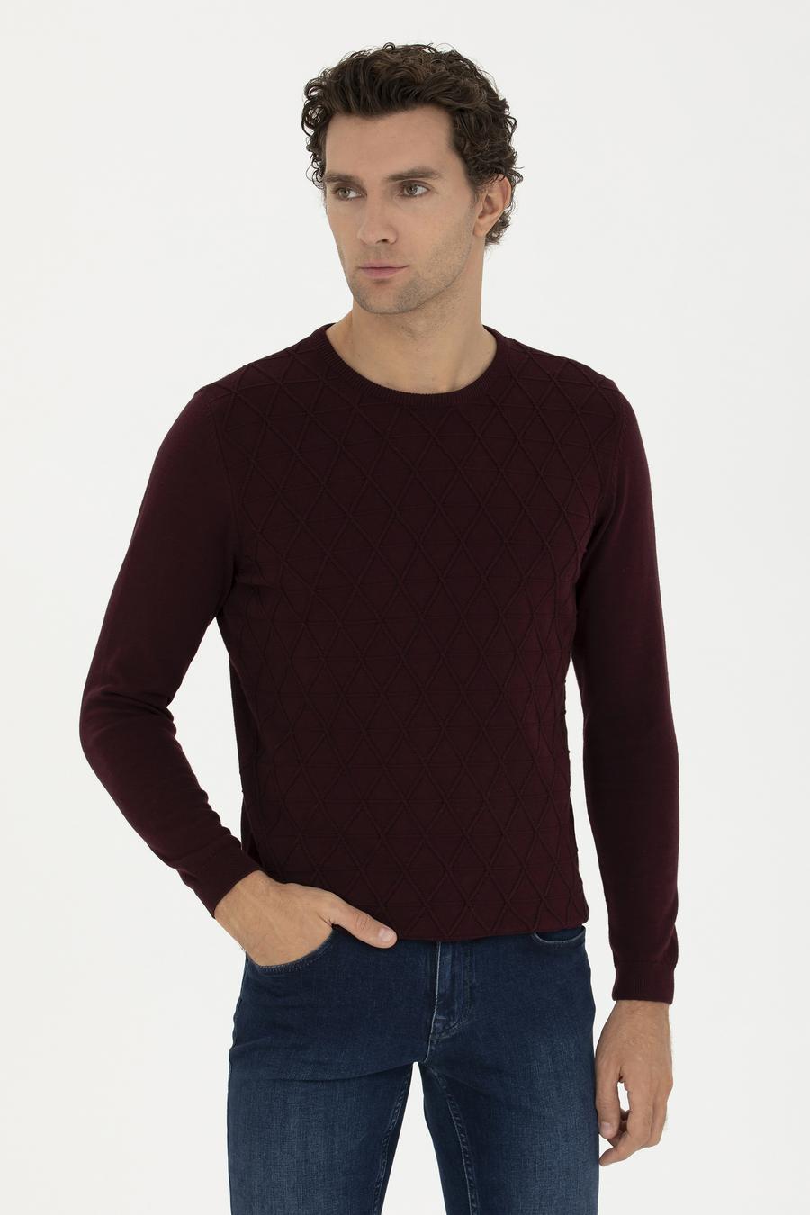 Bordo Slim Fit Bisiklet Yaka Triko Kazak - 50234962009