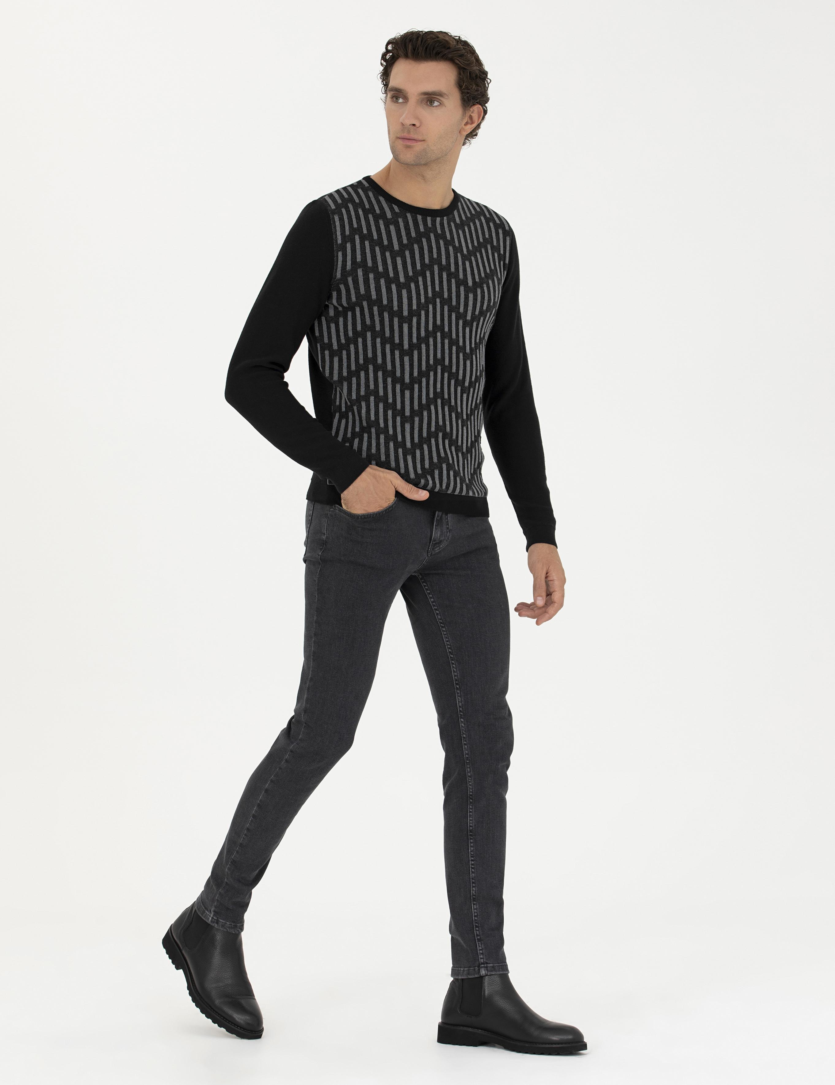 Siyah Slim Fit %100 Pamuk Bisiklet Yaka Triko Kazak - 50234952028