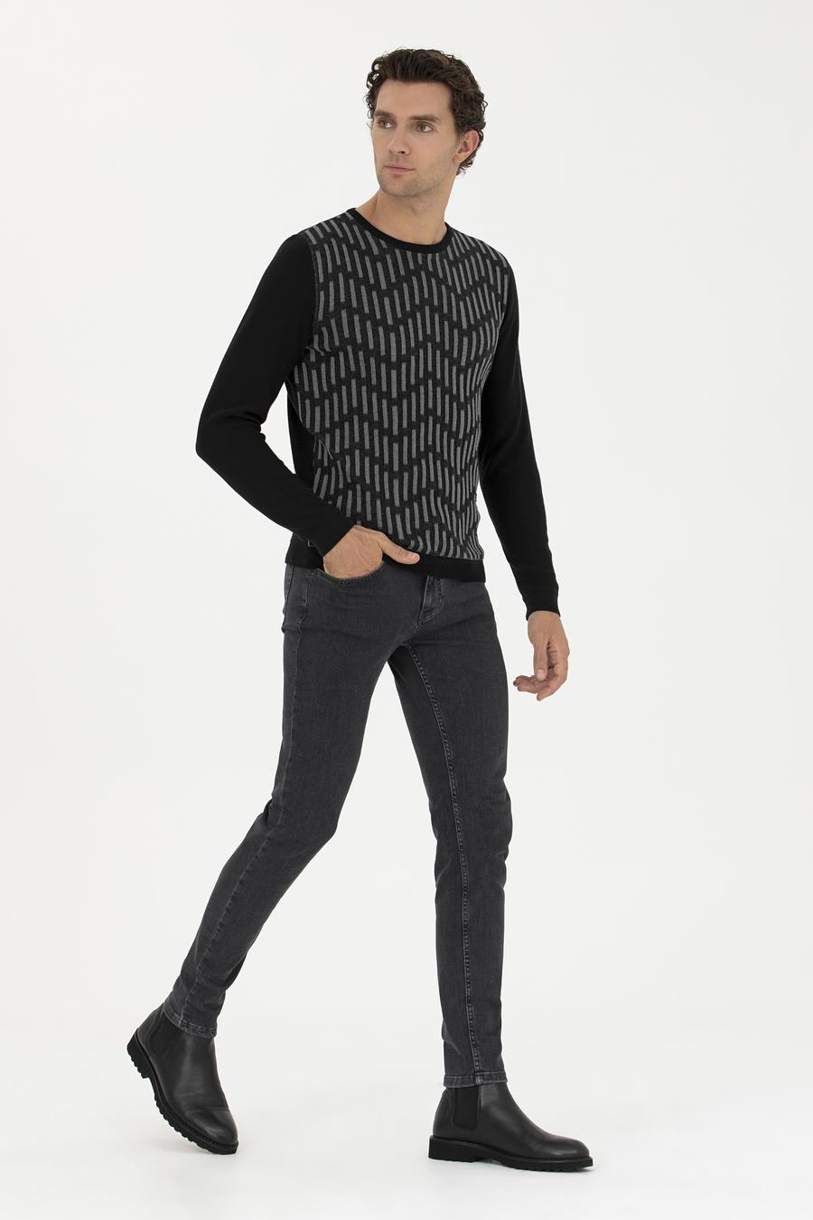 Siyah Slim Fit %100 Pamuk Bisiklet Yaka Triko Kazak - 50234952028