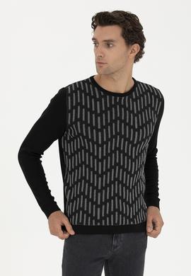 Siyah Slim Fit %100 Pamuk Bisiklet Yaka Triko Kazak