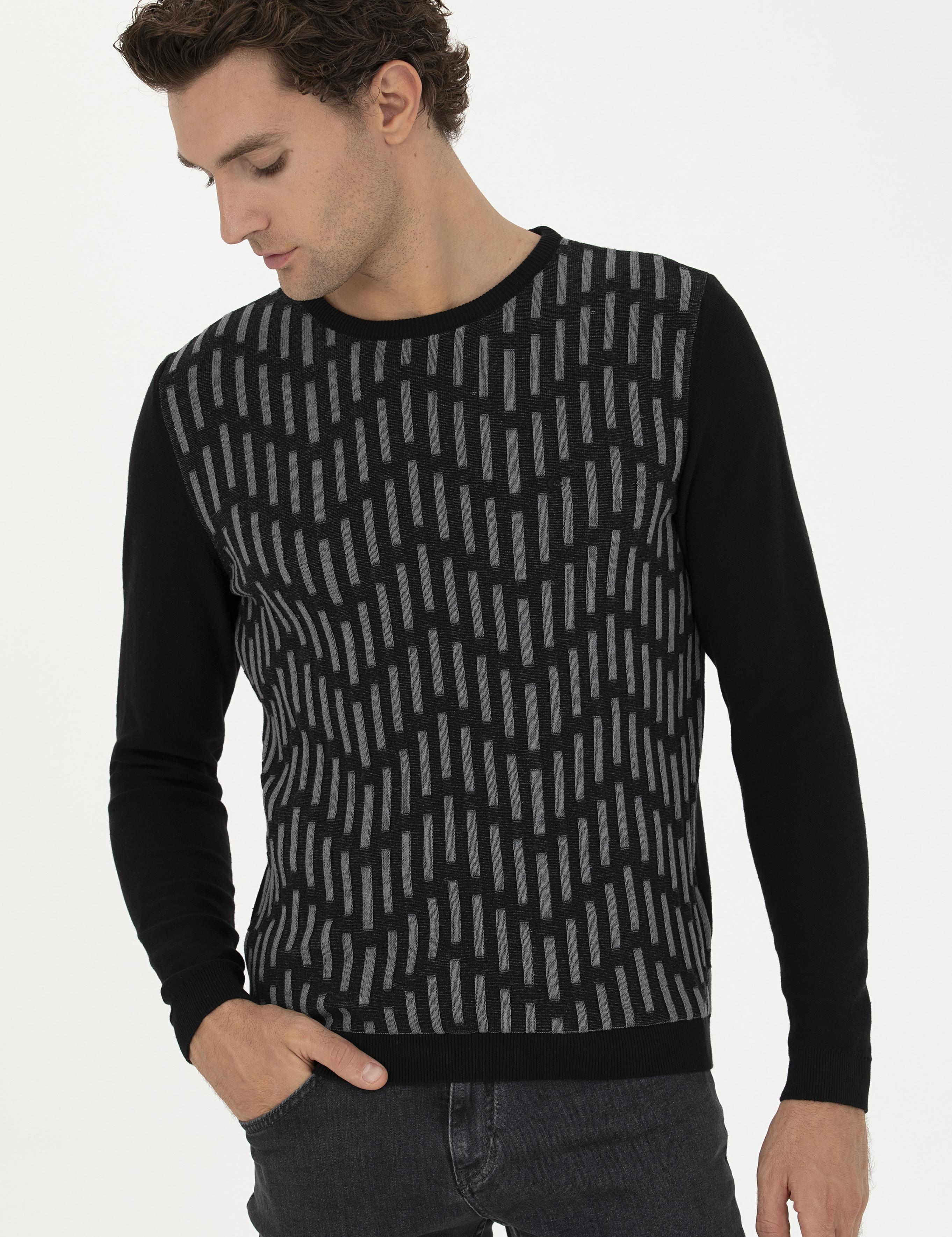 Siyah Slim Fit %100 Pamuk Bisiklet Yaka Triko Kazak - 50234952028