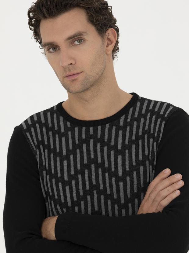 Siyah Slim Fit %100 Pamuk Bisiklet Yaka Triko Kazak