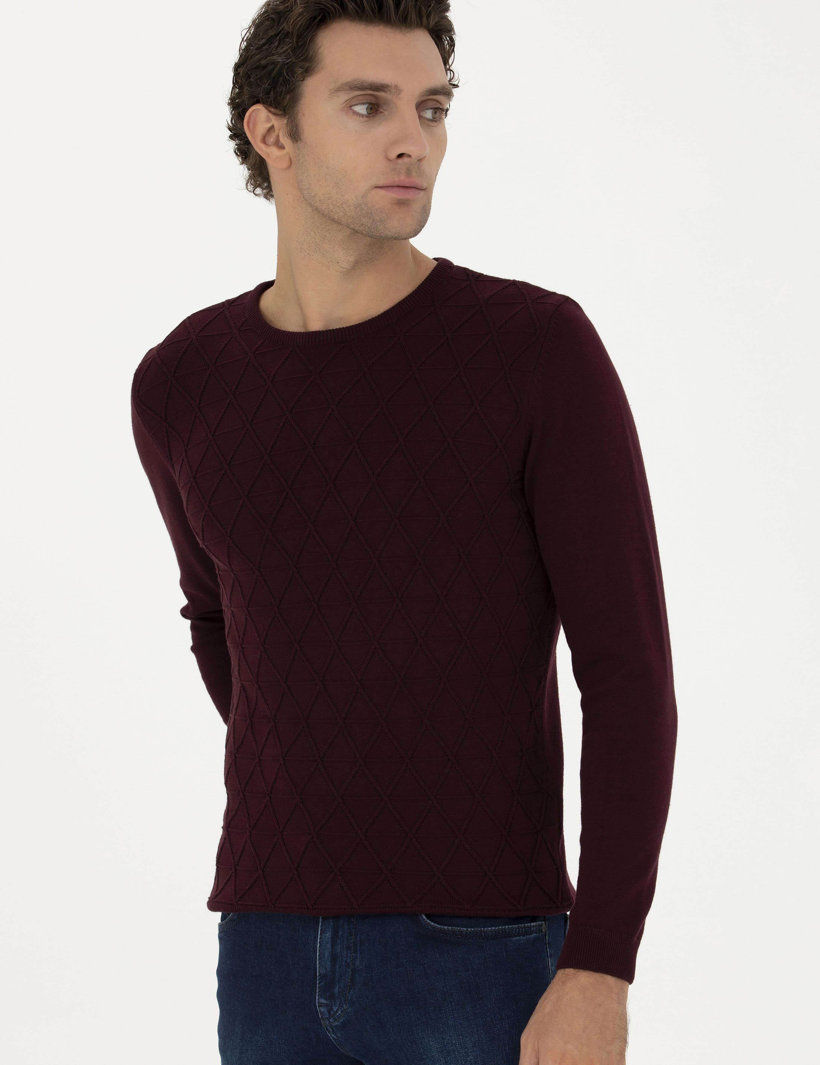Bordo Slim Fit Bisiklet Yaka Triko Kazak - 50234962009