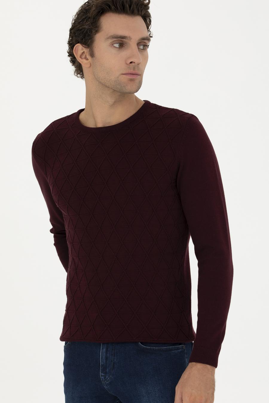 Bordo Slim Fit Bisiklet Yaka Triko Kazak - 50234962009