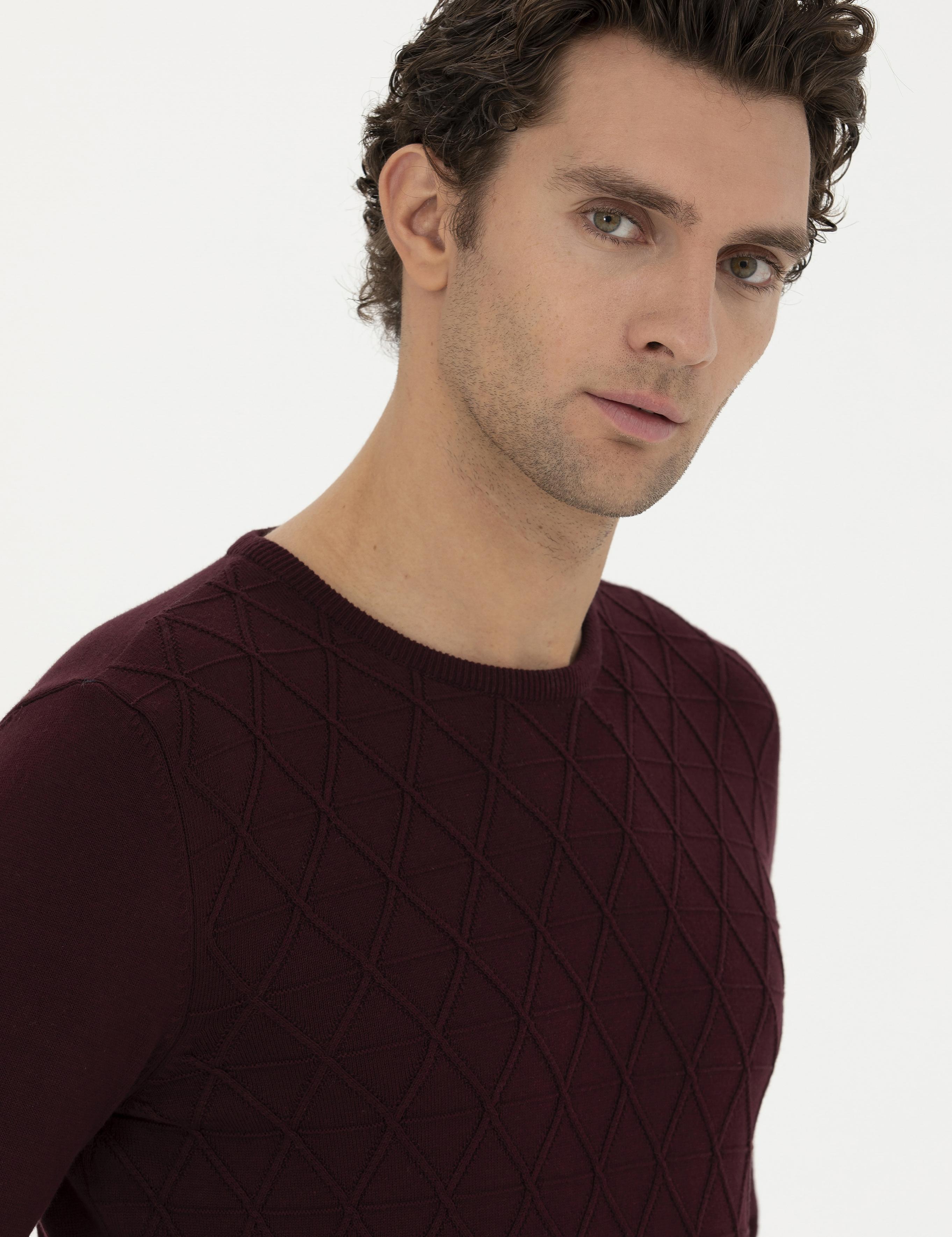 Bordo Slim Fit Bisiklet Yaka Triko Kazak - 50234962009