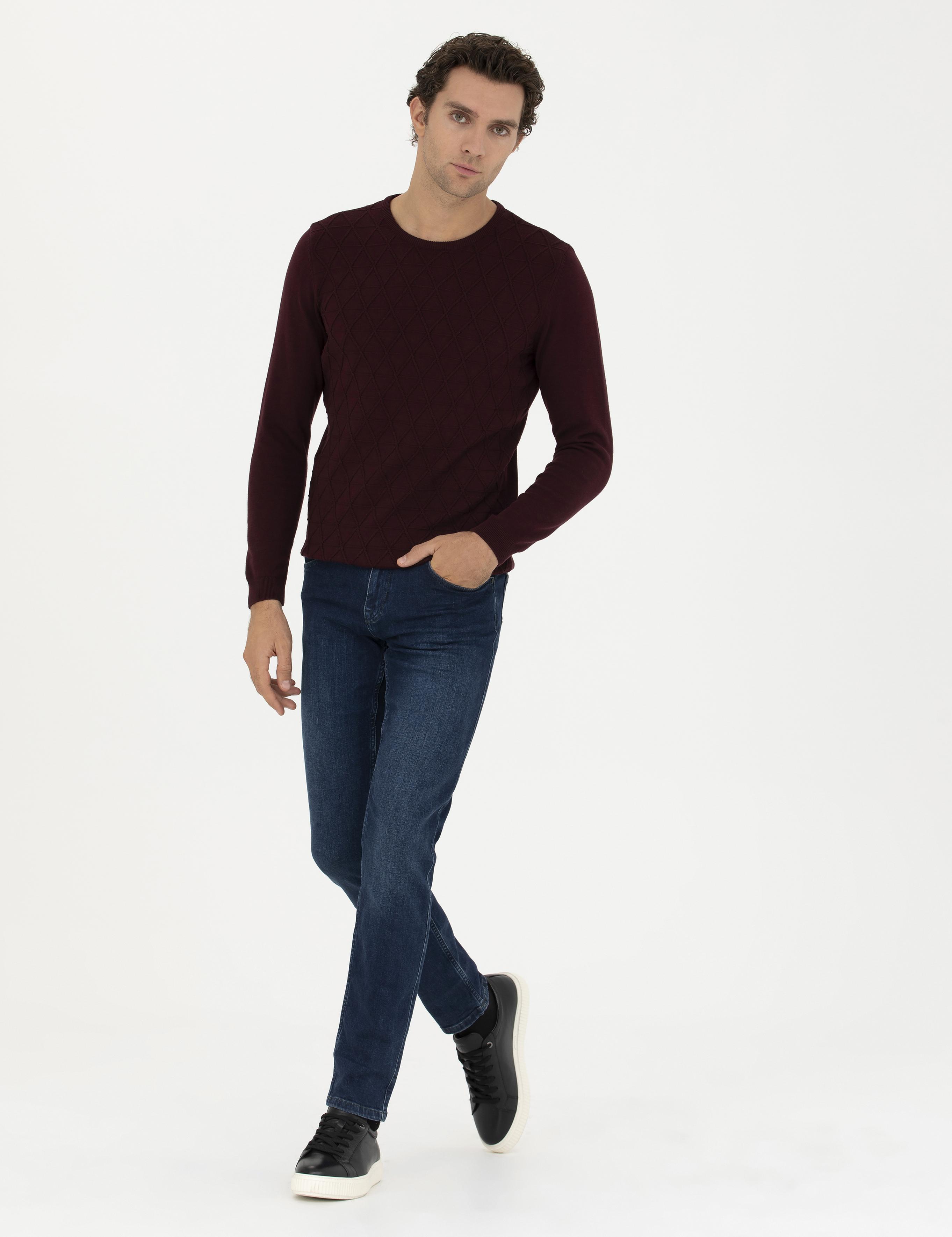 Bordo Slim Fit Bisiklet Yaka Triko Kazak - 50234962009