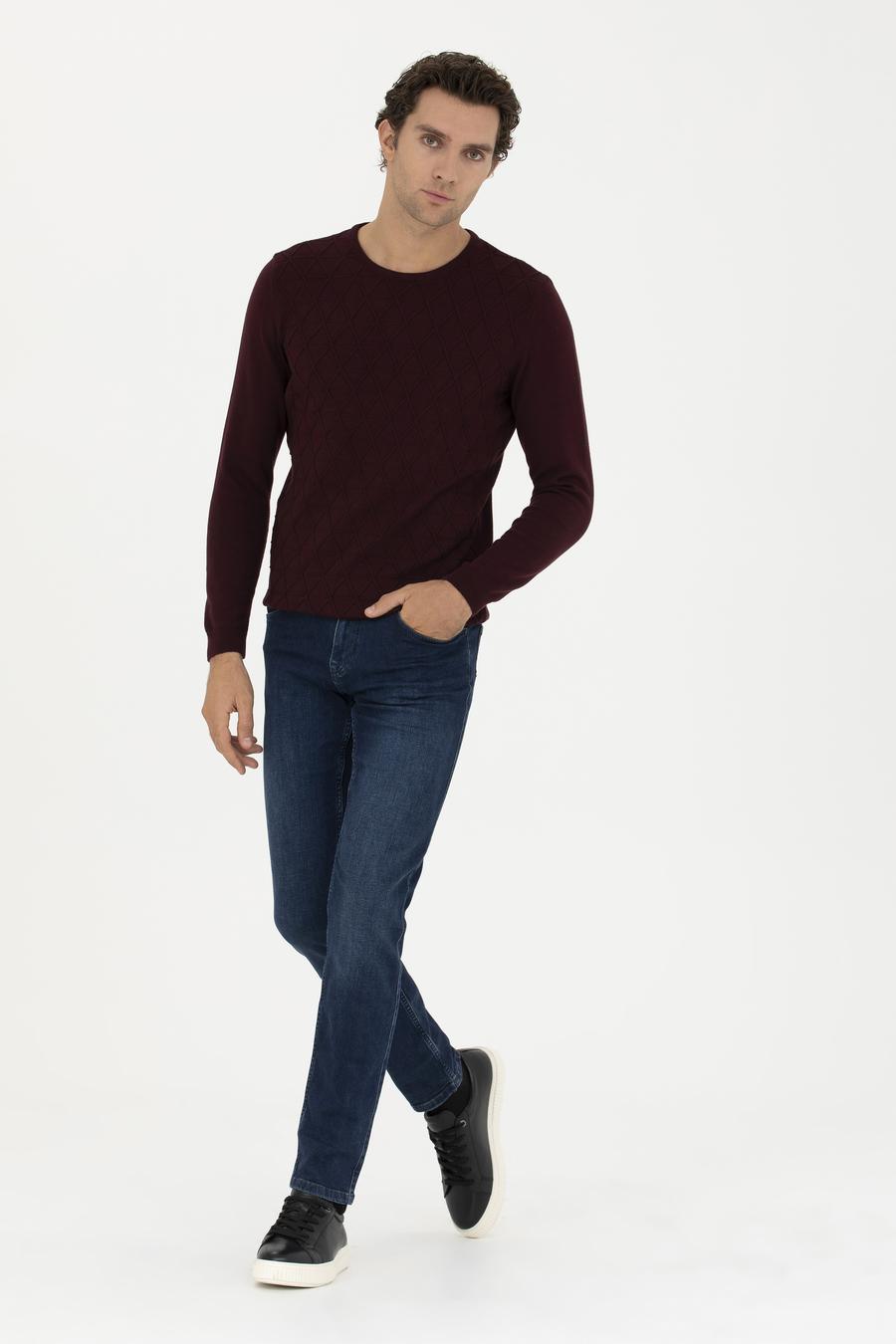 Bordo Slim Fit Bisiklet Yaka Triko Kazak - 50234962009