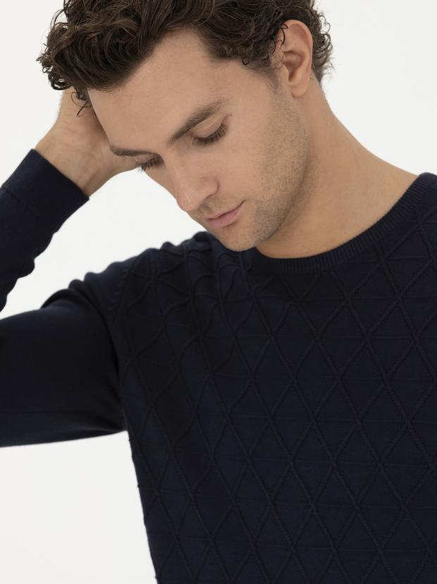 Lacivert Slim Fit Bisiklet Yaka Triko Kazak