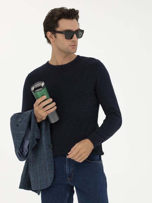 Lacivert Slim Fit Bisiklet Yaka Triko Kazak