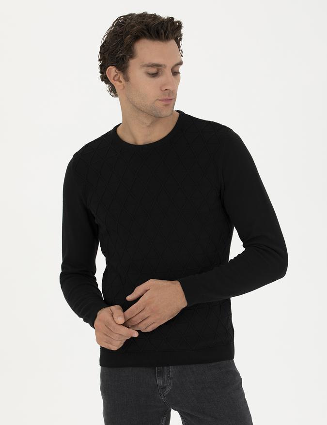 Siyah Slim Fit Bisiklet Yaka Triko Kazak