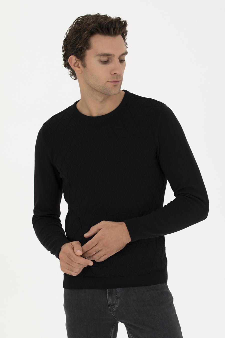 Siyah Slim Fit Bisiklet Yaka Triko Kazak - 50234962026