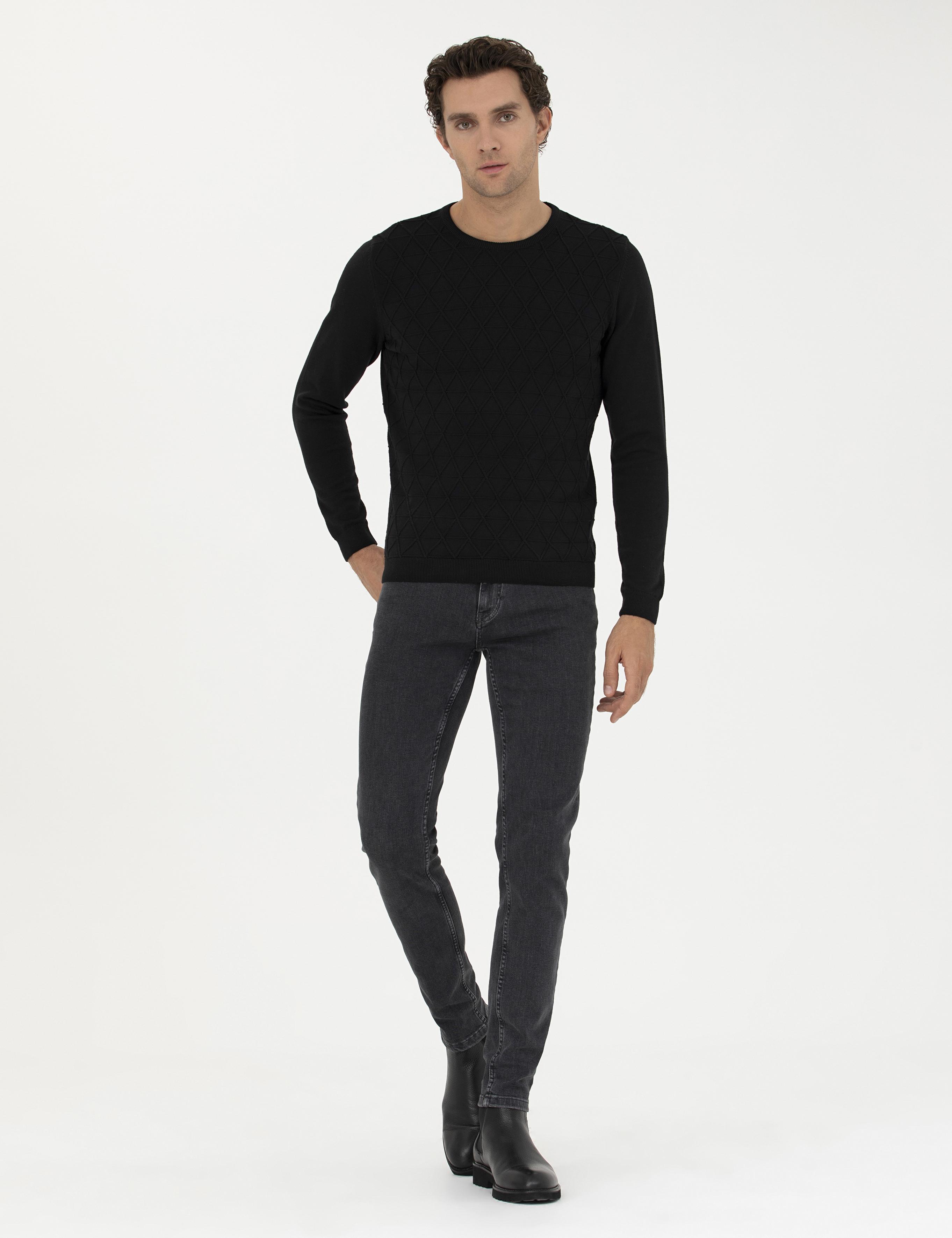 Siyah Slim Fit Bisiklet Yaka Triko Kazak - 50234962026