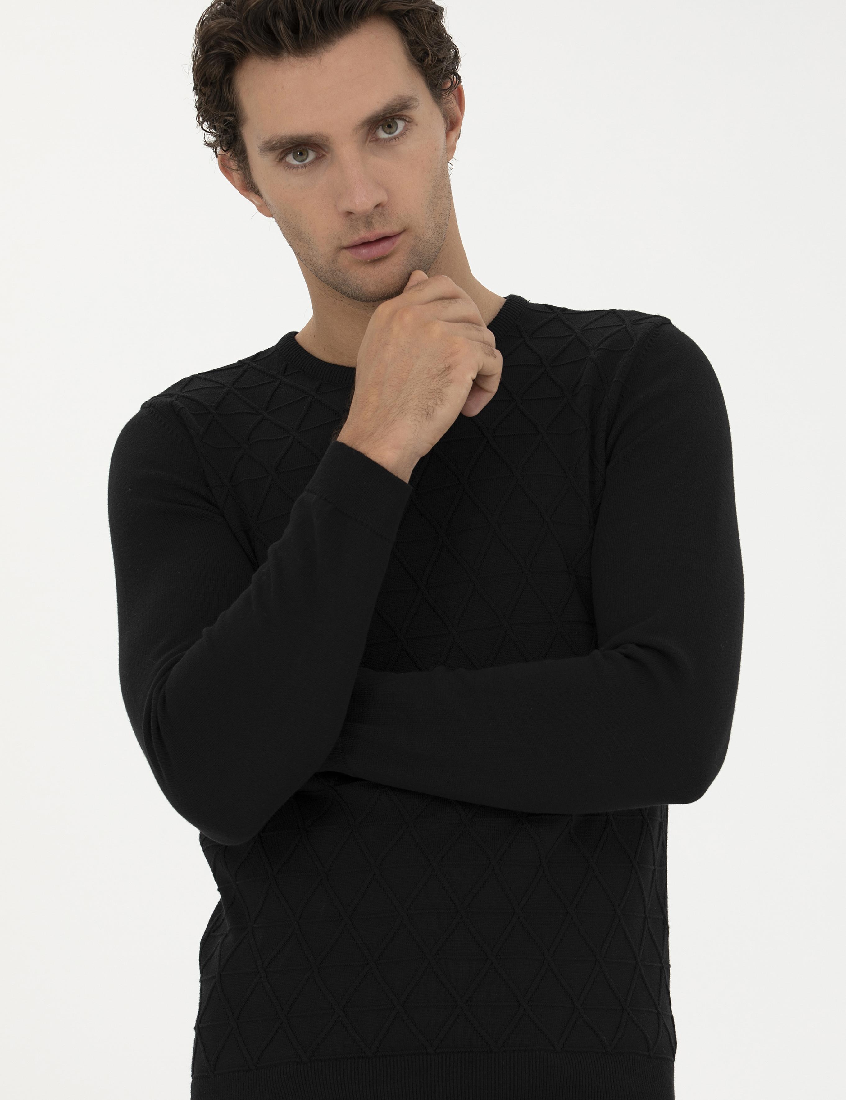 Siyah Slim Fit Bisiklet Yaka Triko Kazak - 50234962026