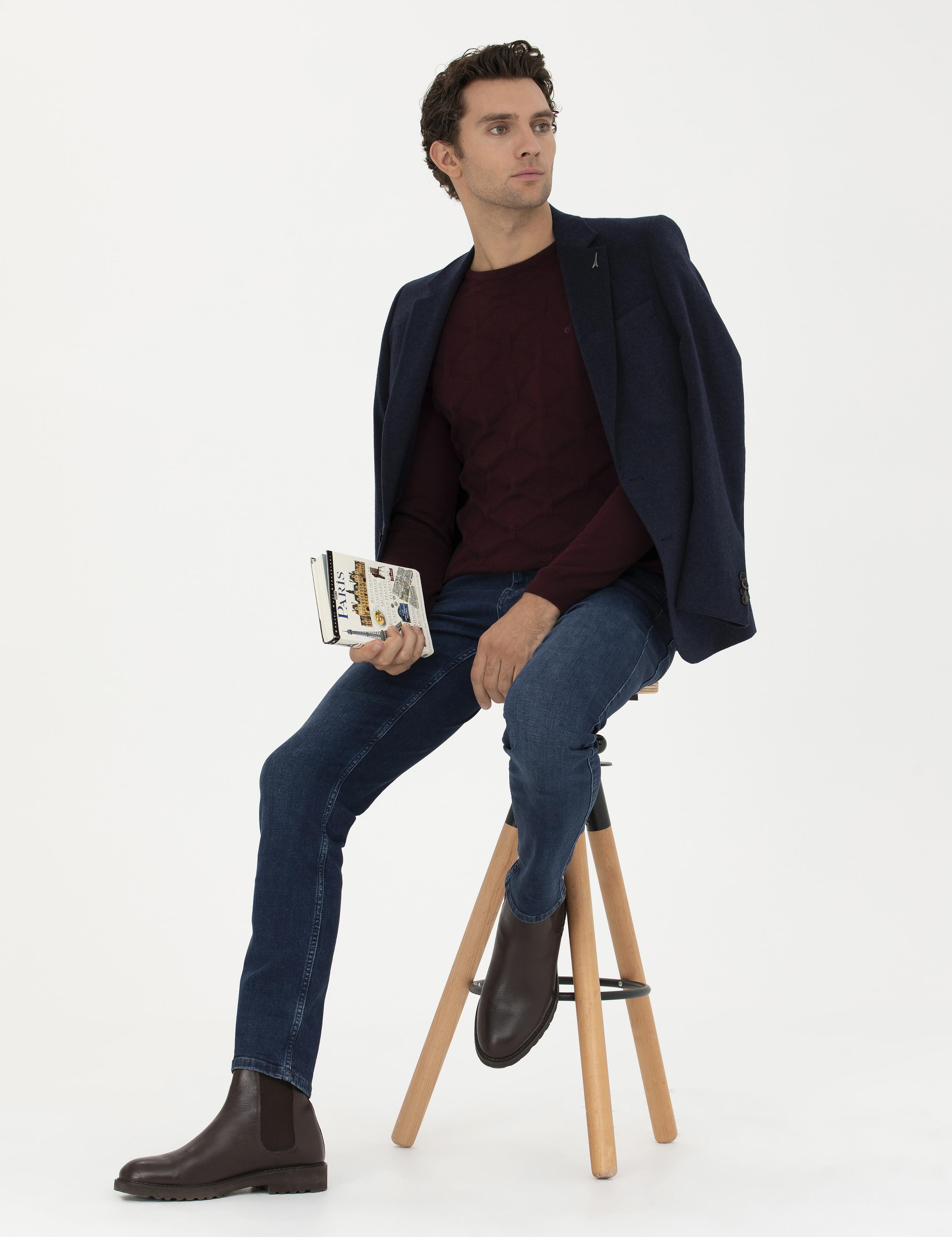 Bordo Slim Fit Bisiklet Yaka Triko Kazak - 50234964001