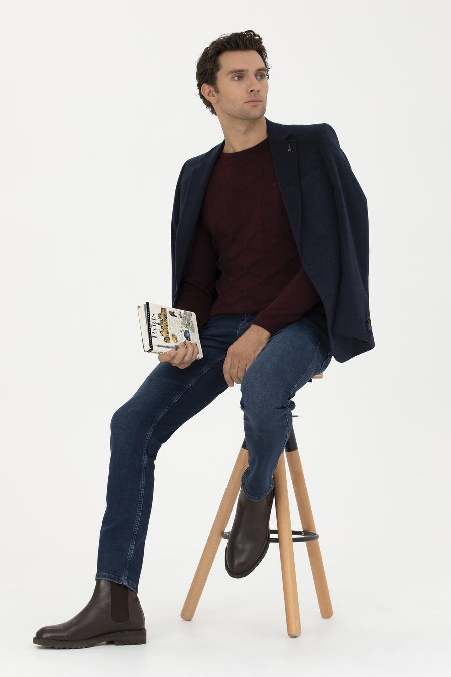 Bordo Slim Fit Bisiklet Yaka Triko Kazak - 50234964001
