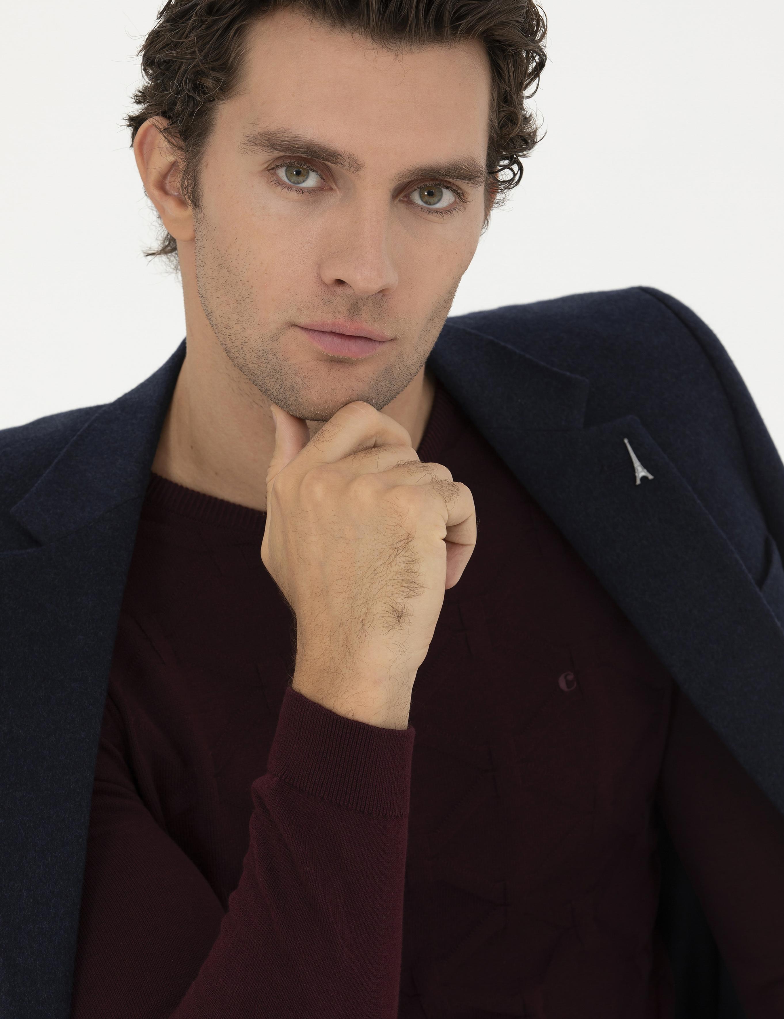 Bordo Slim Fit Bisiklet Yaka Triko Kazak - 50234964001