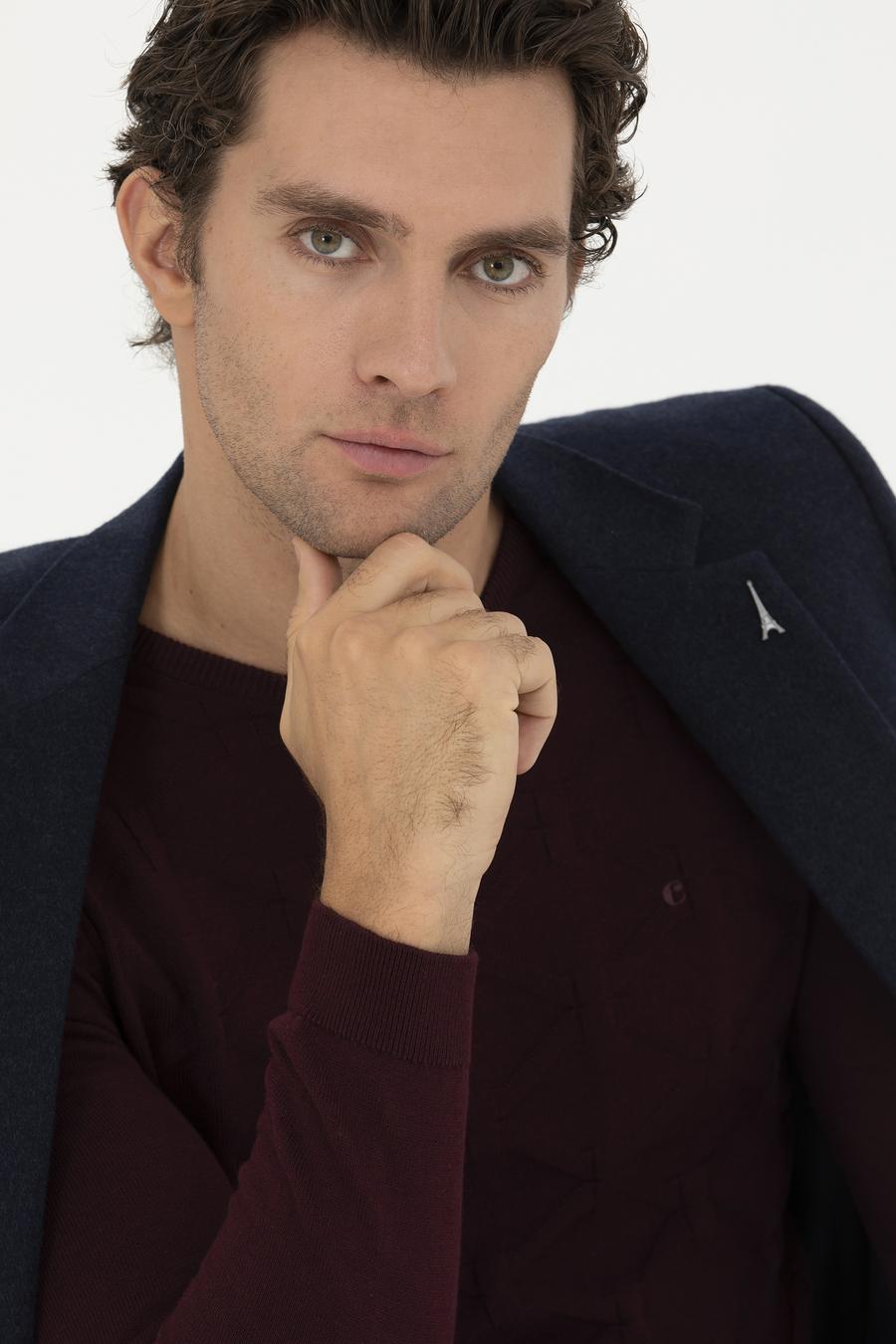 Bordo Slim Fit Bisiklet Yaka Triko Kazak - 50234964001