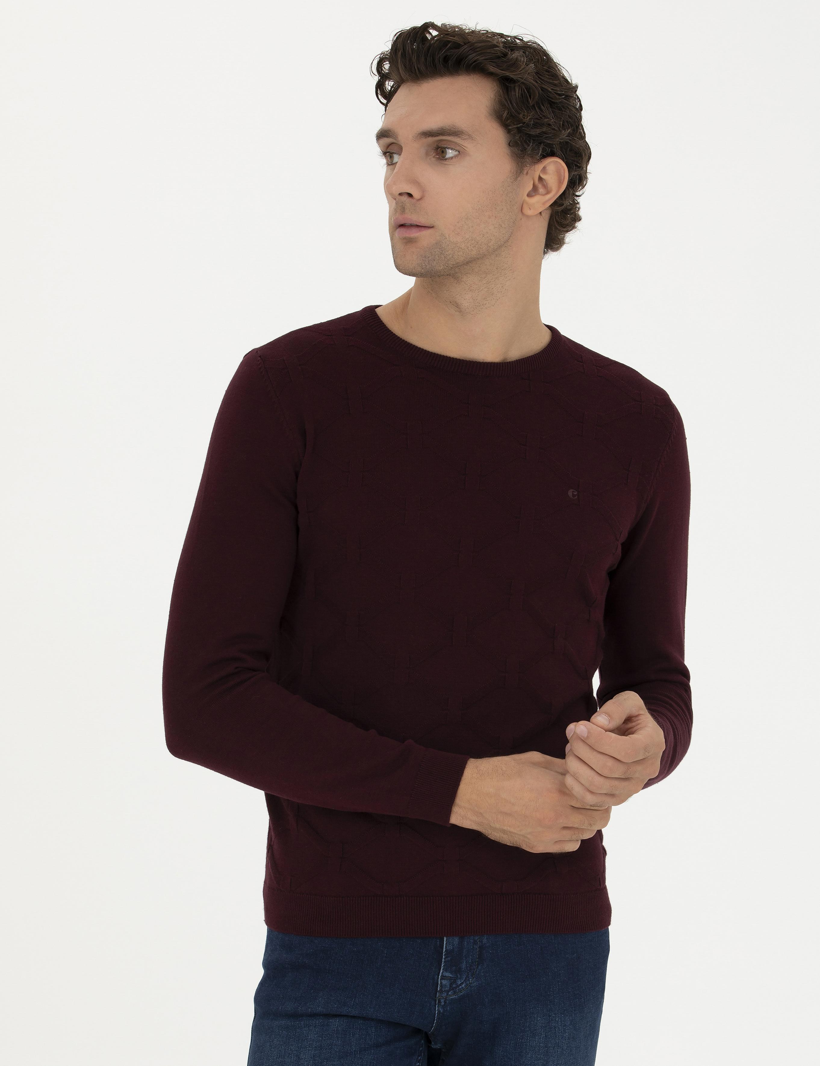 Bordo Slim Fit Bisiklet Yaka Triko Kazak - 50234964001