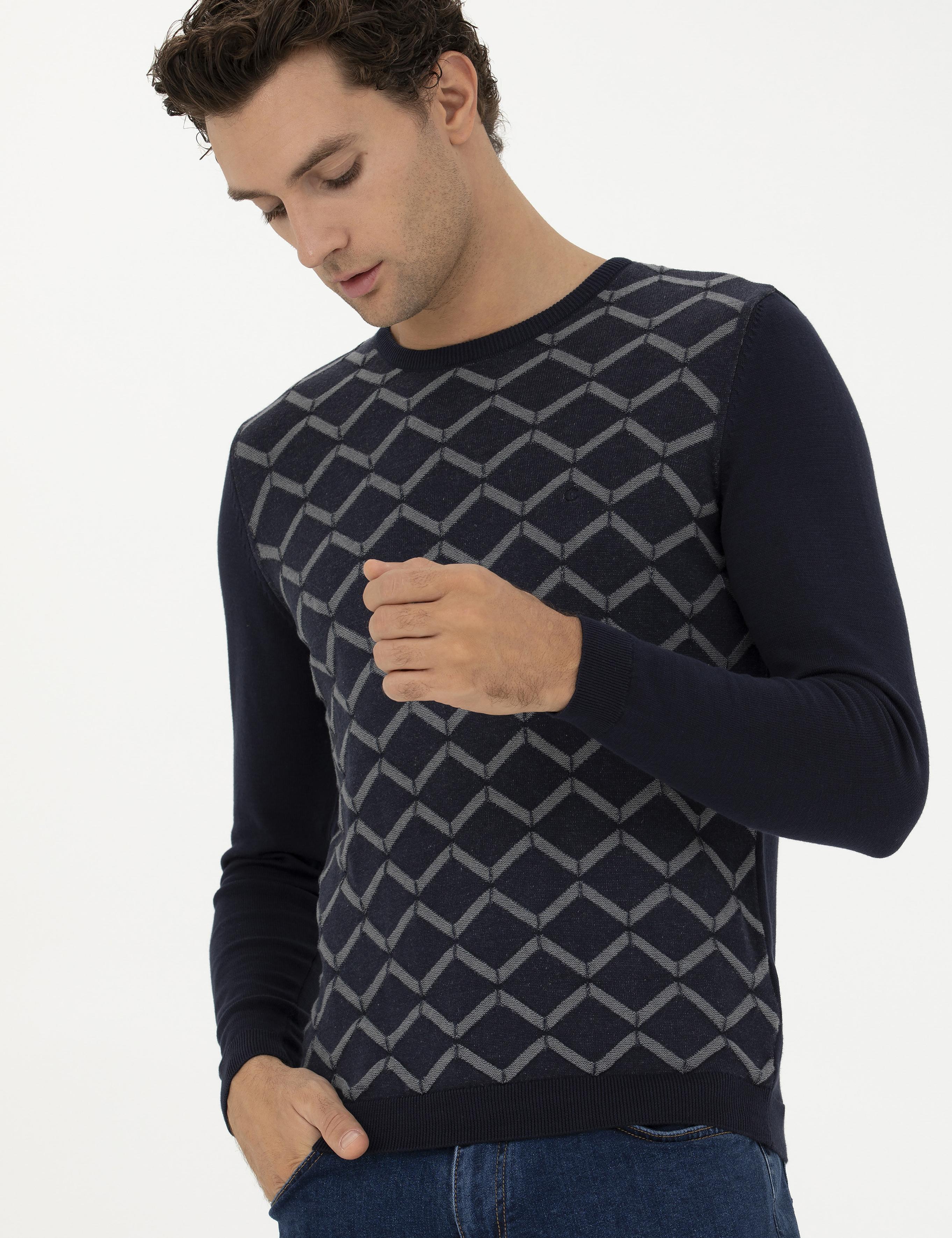 Lacivert Slim Fit %100 Pamuk Bisiklet Yaka Triko Kazak - 50234971017