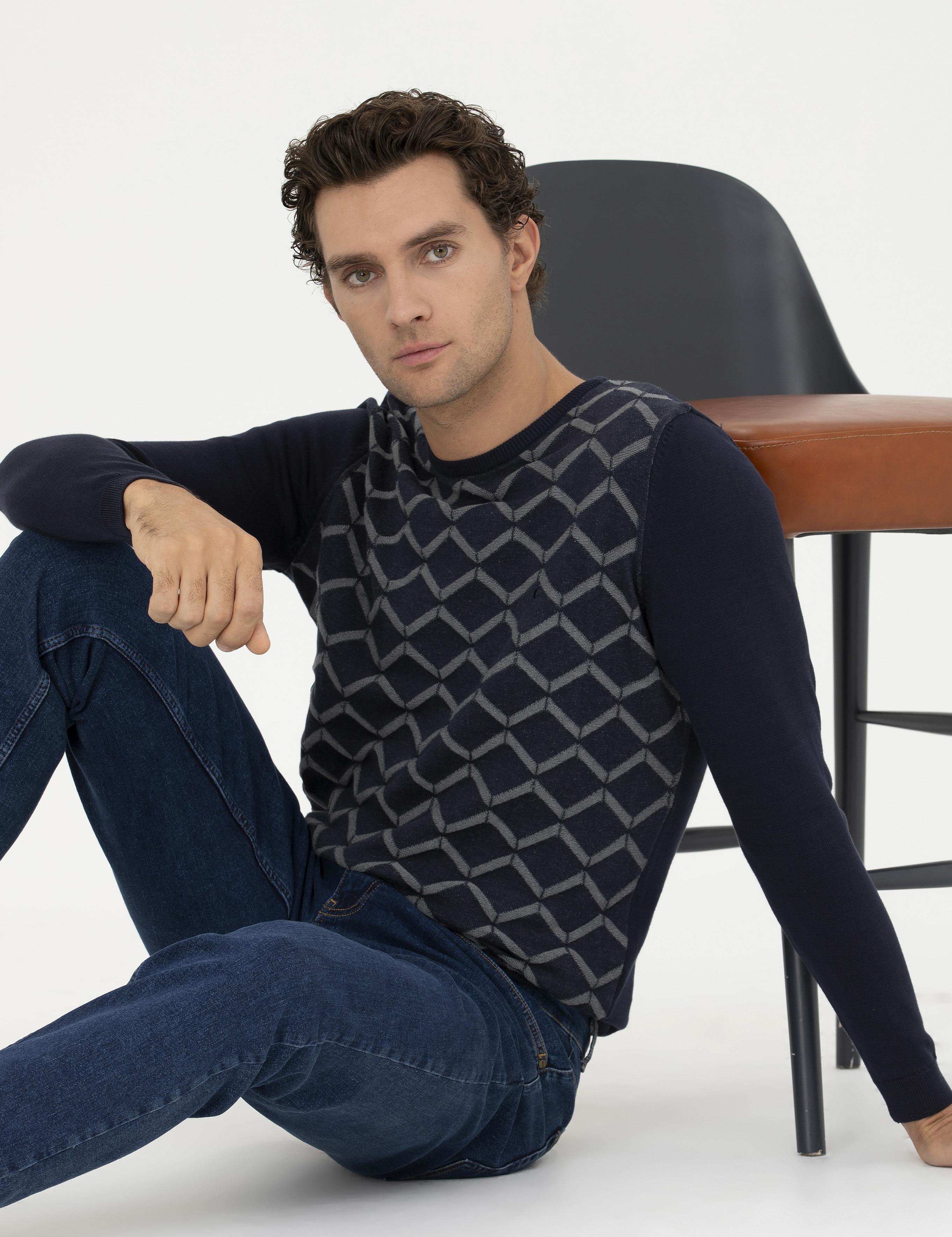 Lacivert Slim Fit %100 Pamuk Bisiklet Yaka Triko Kazak - 50234971017