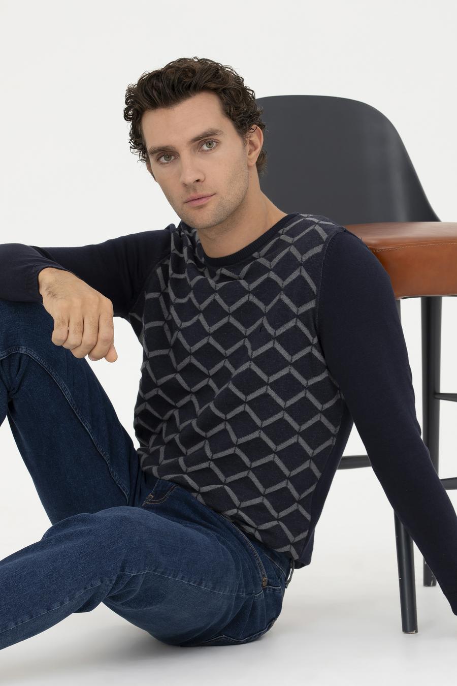 Lacivert Slim Fit %100 Pamuk Bisiklet Yaka Triko Kazak - 50234971017