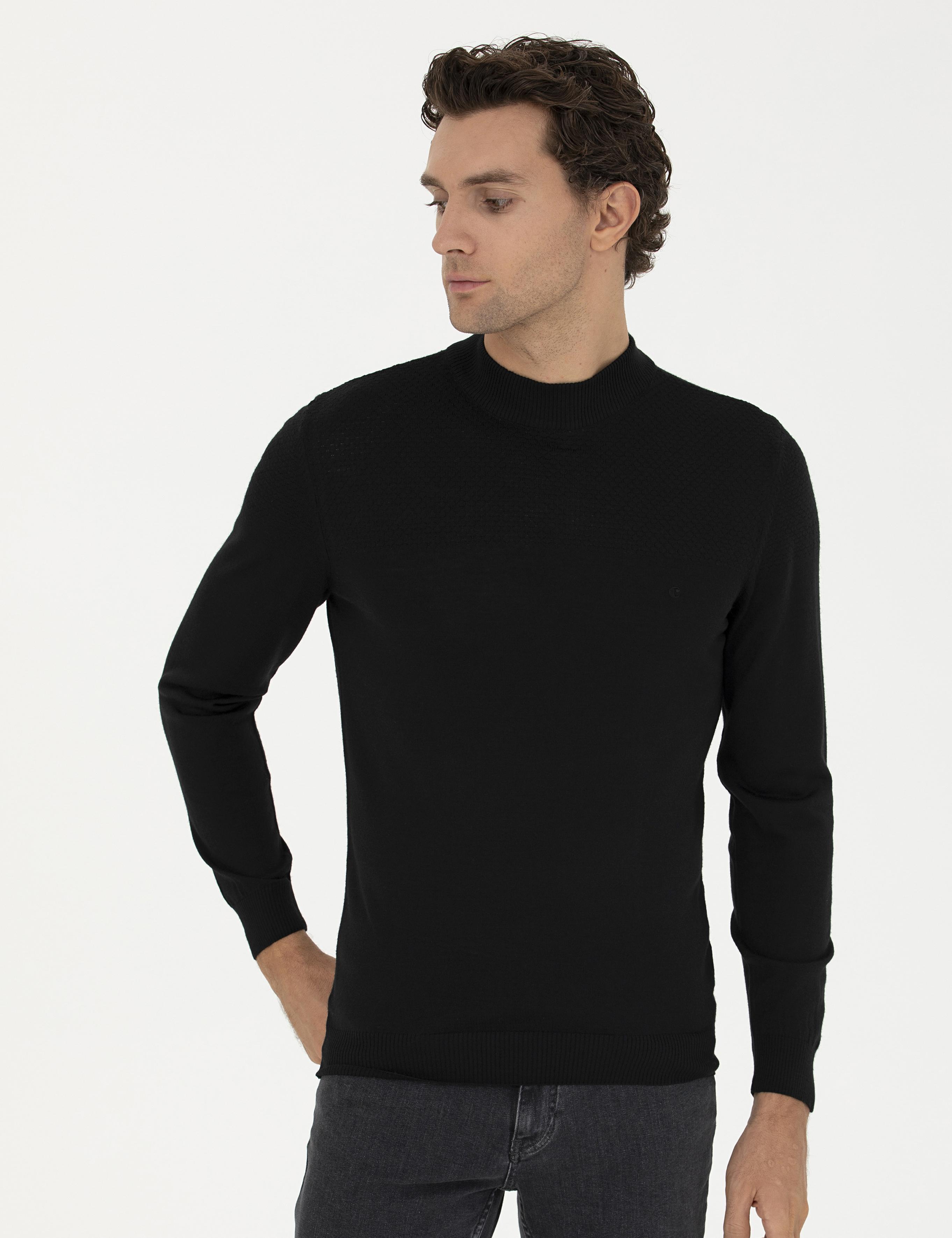Siyah Slim Fit Yarım Balıkçı Triko Kazak - 50229165026