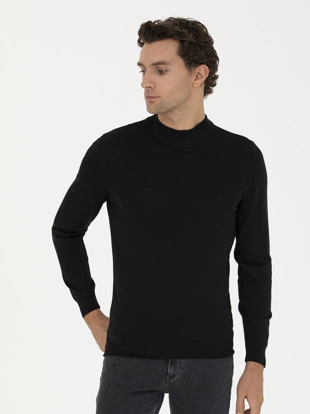 Siyah Slim Fit Yarım Balıkçı Triko Kazak