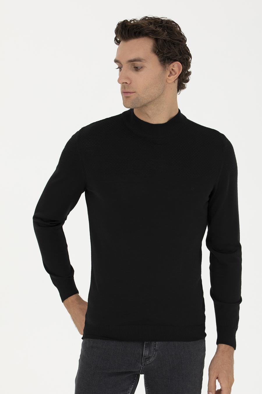 Siyah Slim Fit Yarım Balıkçı Triko Kazak - 50229165026