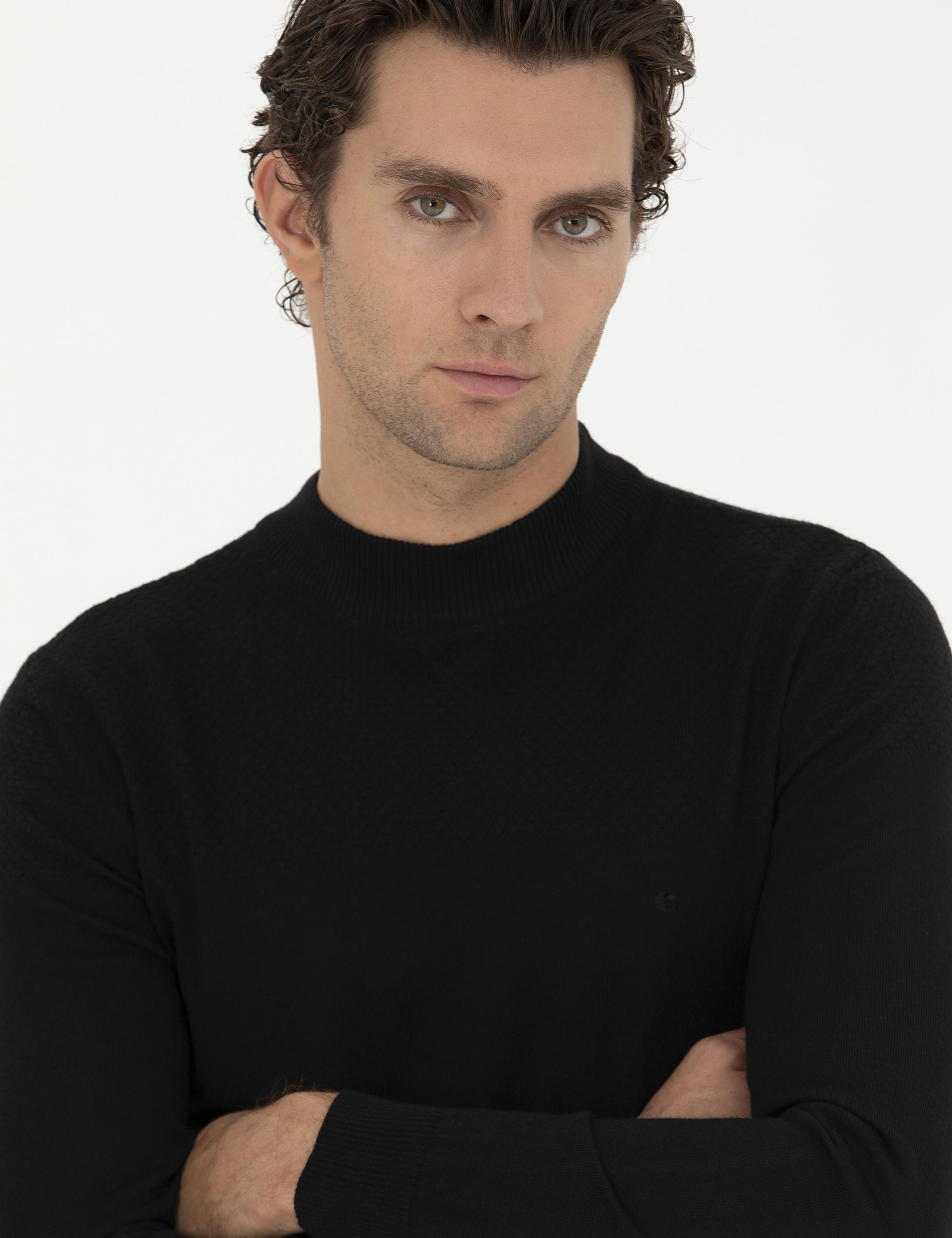 Siyah Slim Fit Yarım Balıkçı Triko Kazak - 50229165026