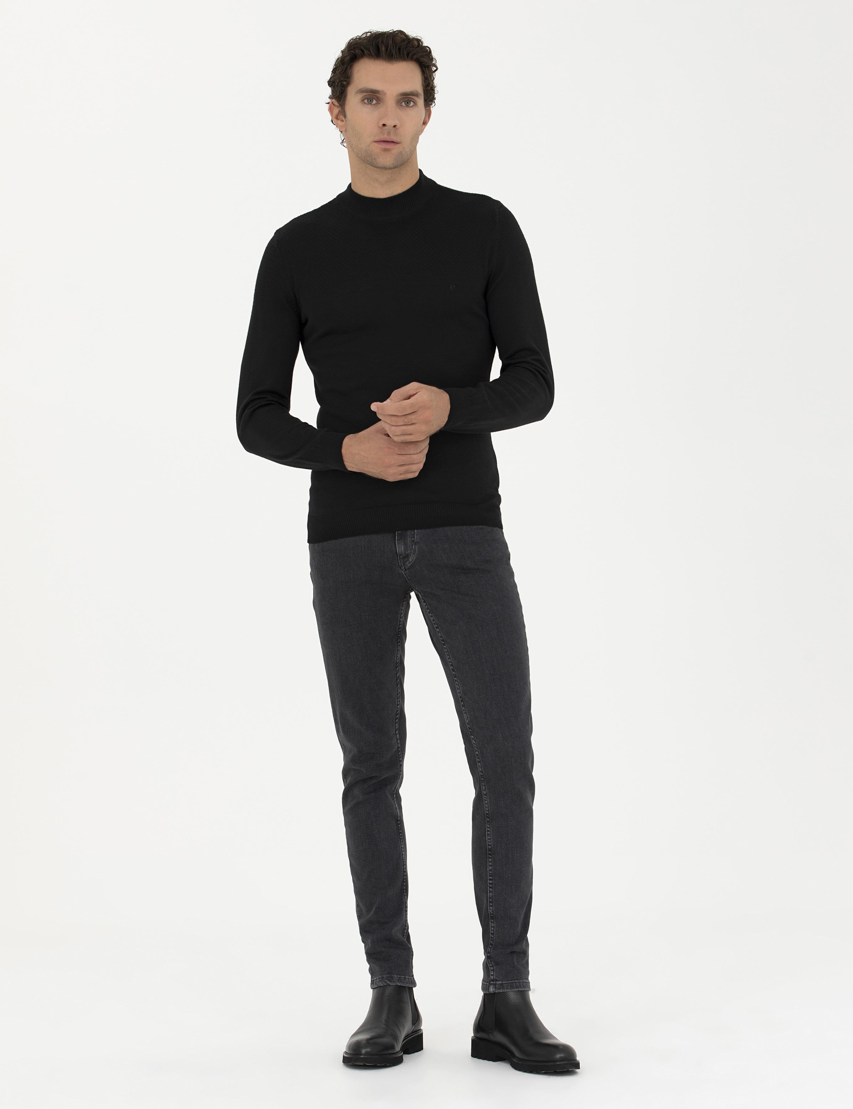 Siyah Slim Fit Yarım Balıkçı Triko Kazak - 50229165026