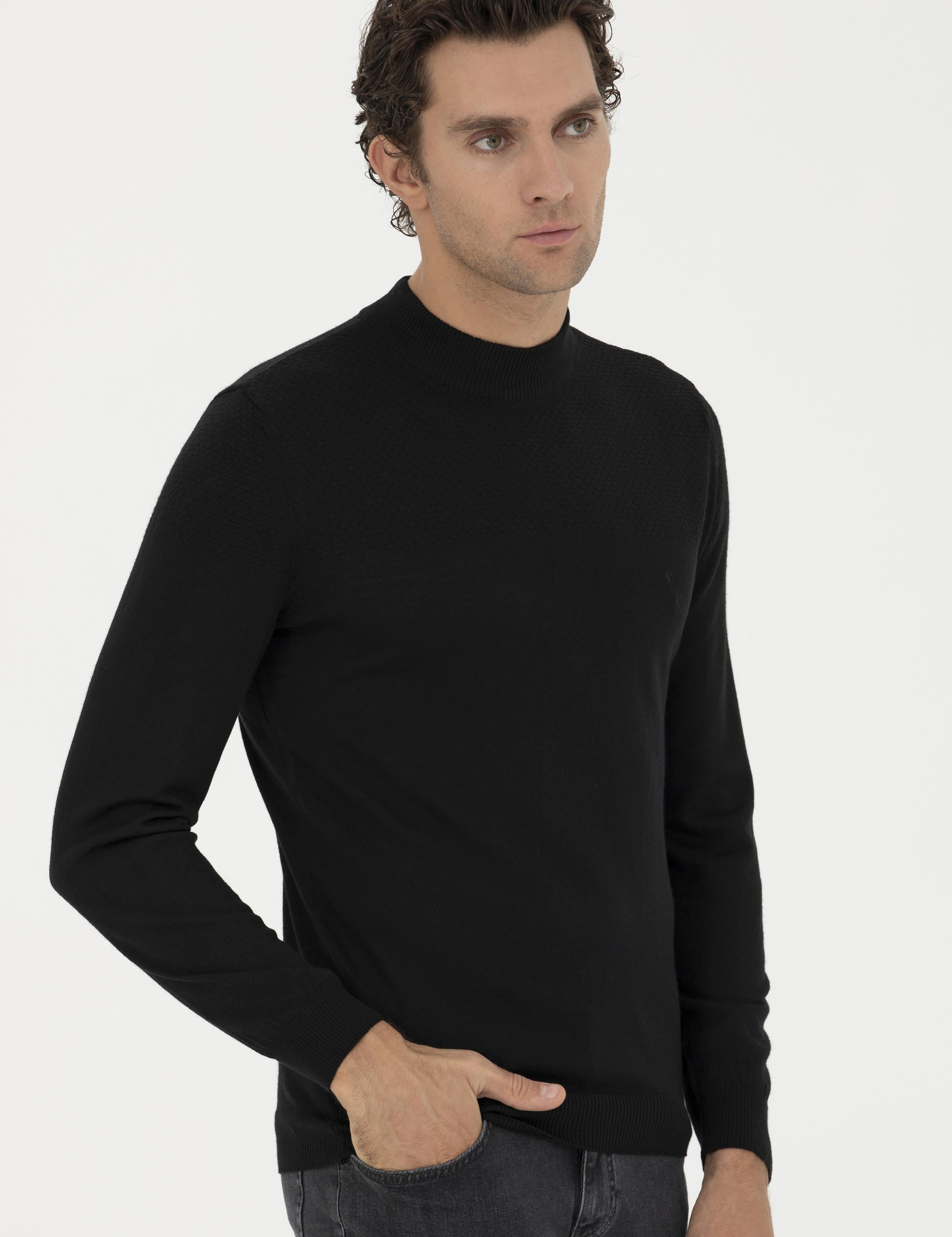 Siyah Slim Fit Yarım Balıkçı Triko Kazak - 50229165026