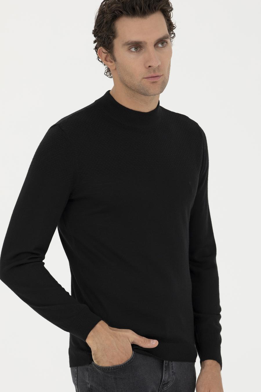 Siyah Slim Fit Yarım Balıkçı Triko Kazak - 50229165026