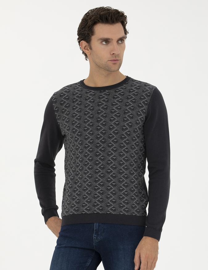 Antrasit Slim Fit %100 Pamuk Bisiklet Yaka Triko Kazak
