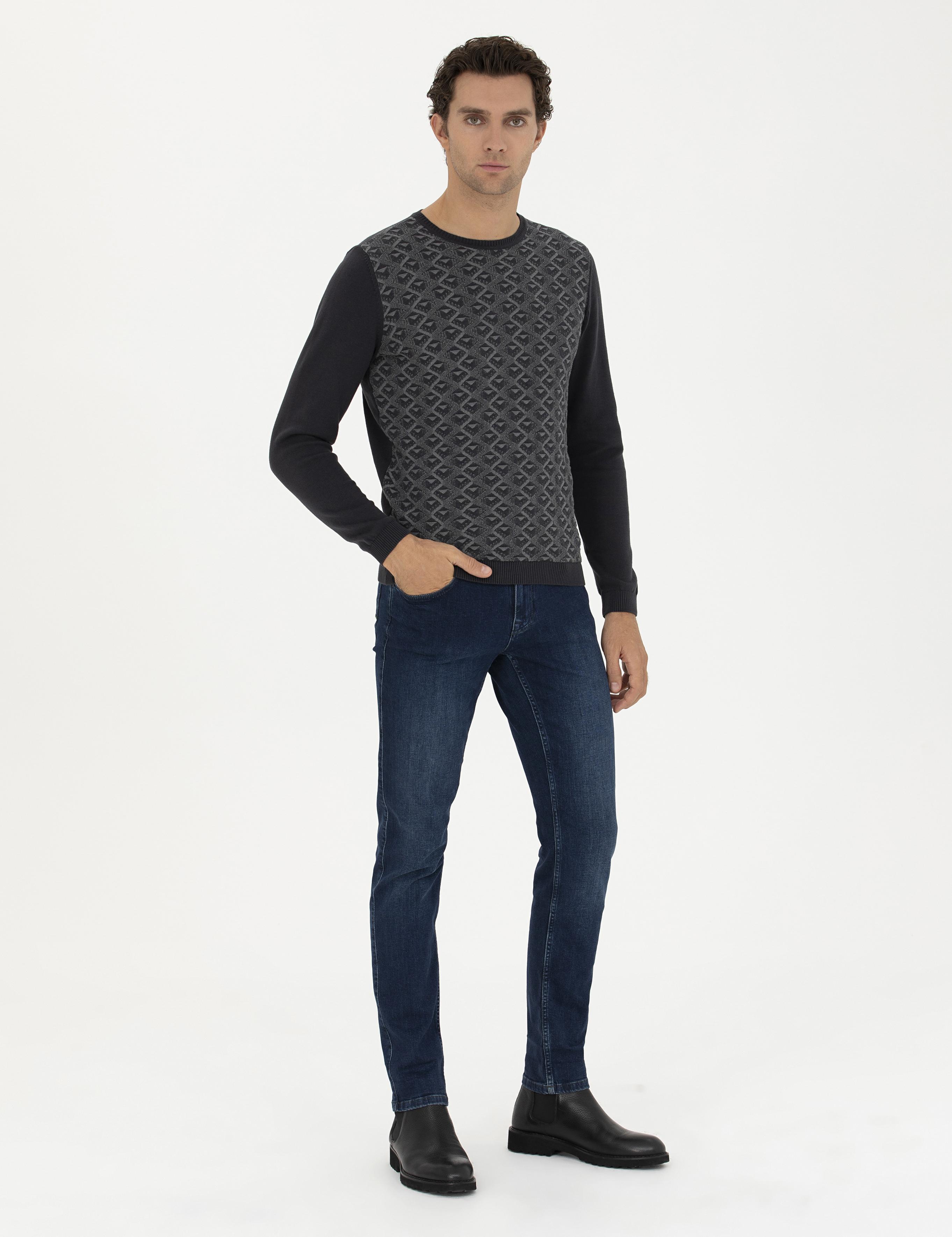 Antrasit Slim Fit %100 Pamuk Bisiklet Yaka Triko Kazak - 50234955008