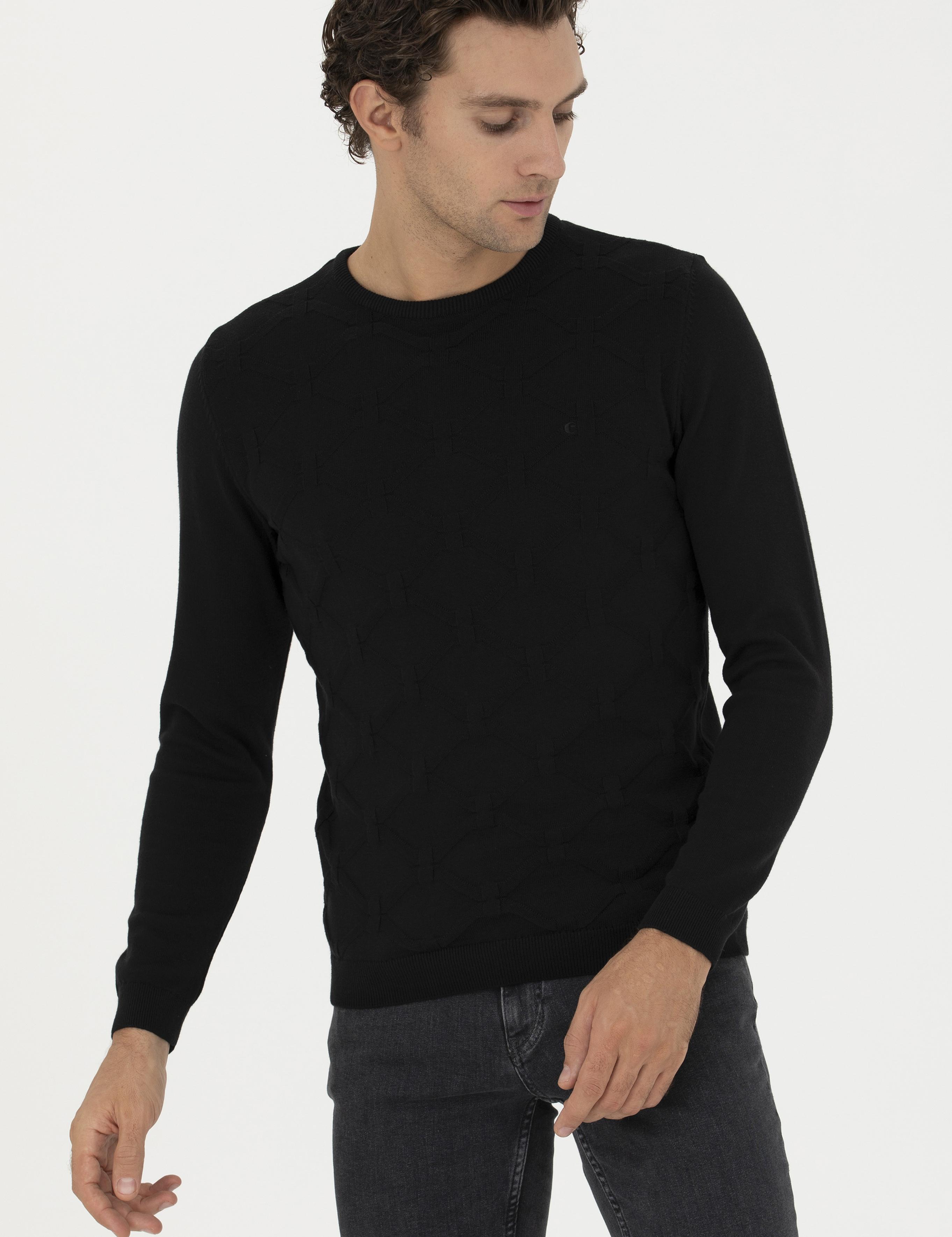 Siyah Slim Fit Bisiklet Yaka Triko Kazak - 50234964026
