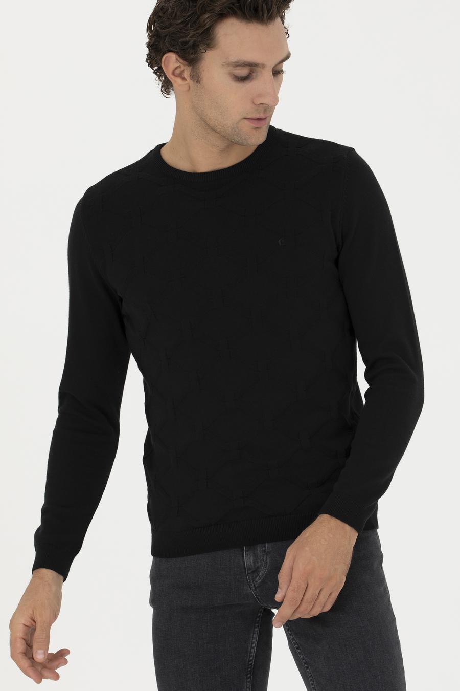 Siyah Slim Fit Bisiklet Yaka Triko Kazak - 50234964026