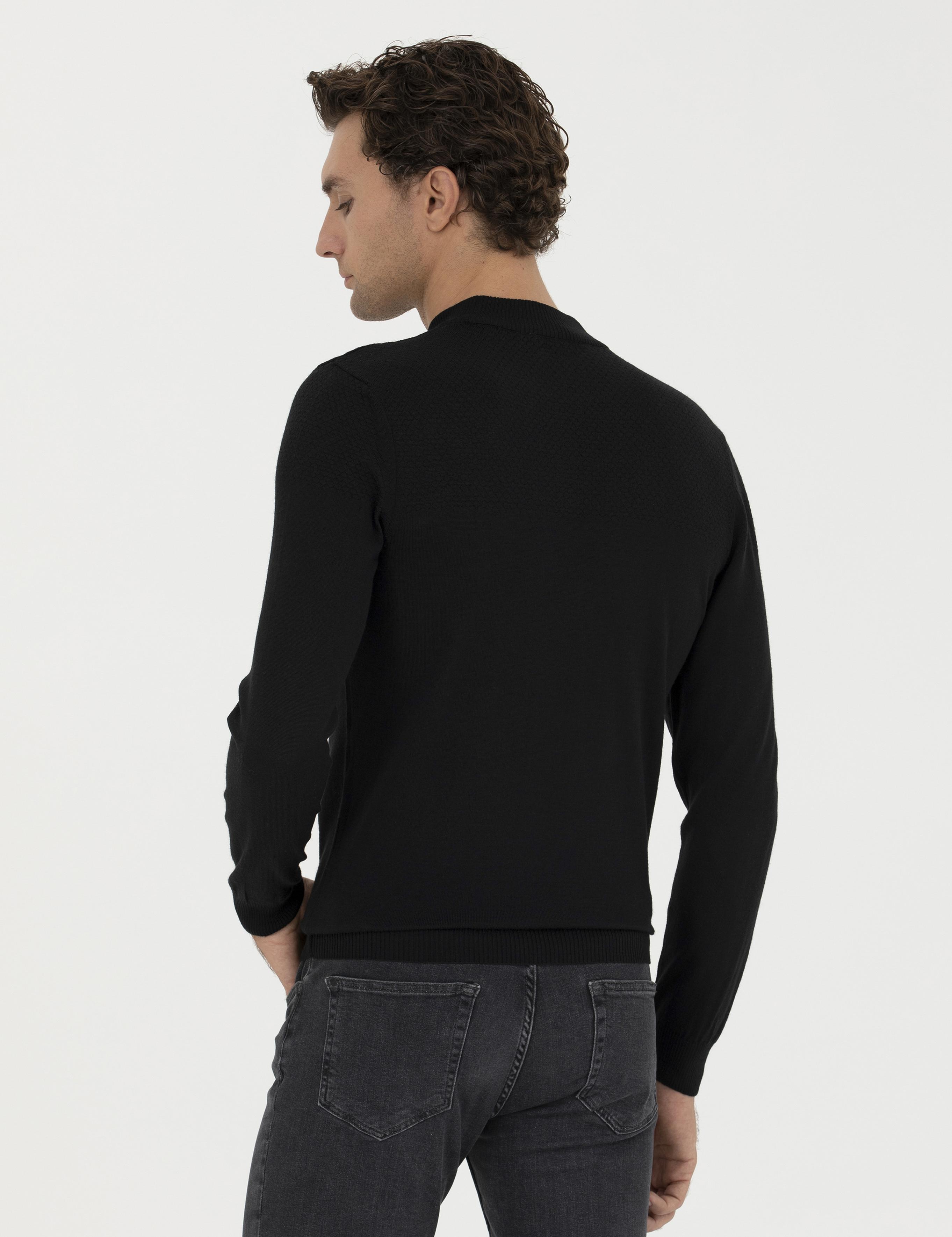 Siyah Slim Fit Yarım Balıkçı Triko Kazak - 50229165026