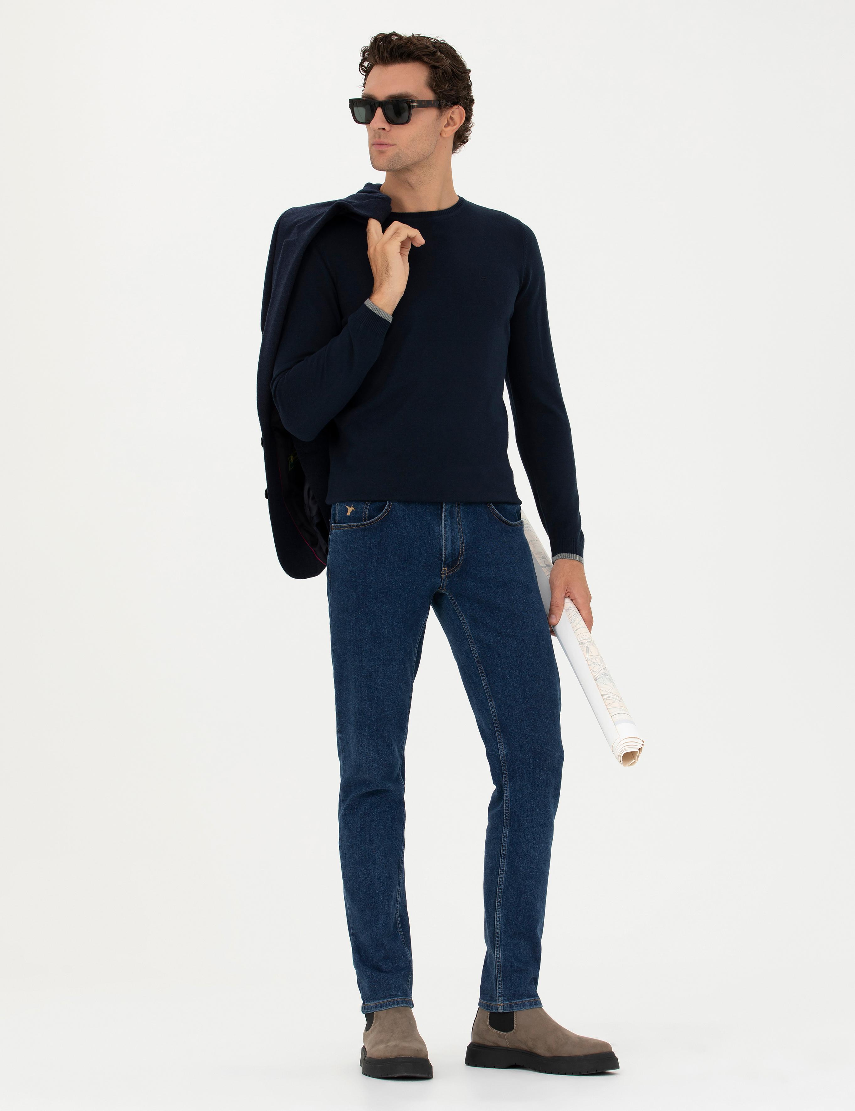 Lacivert Slim Fit Pamuk Karışımlı Bisiklet Yaka Basic Triko Kazak - 50245040013