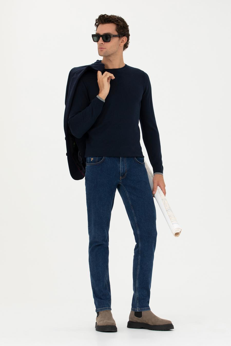 Lacivert Slim Fit Pamuk Karışımlı Bisiklet Yaka Basic Triko Kazak - 50245040013