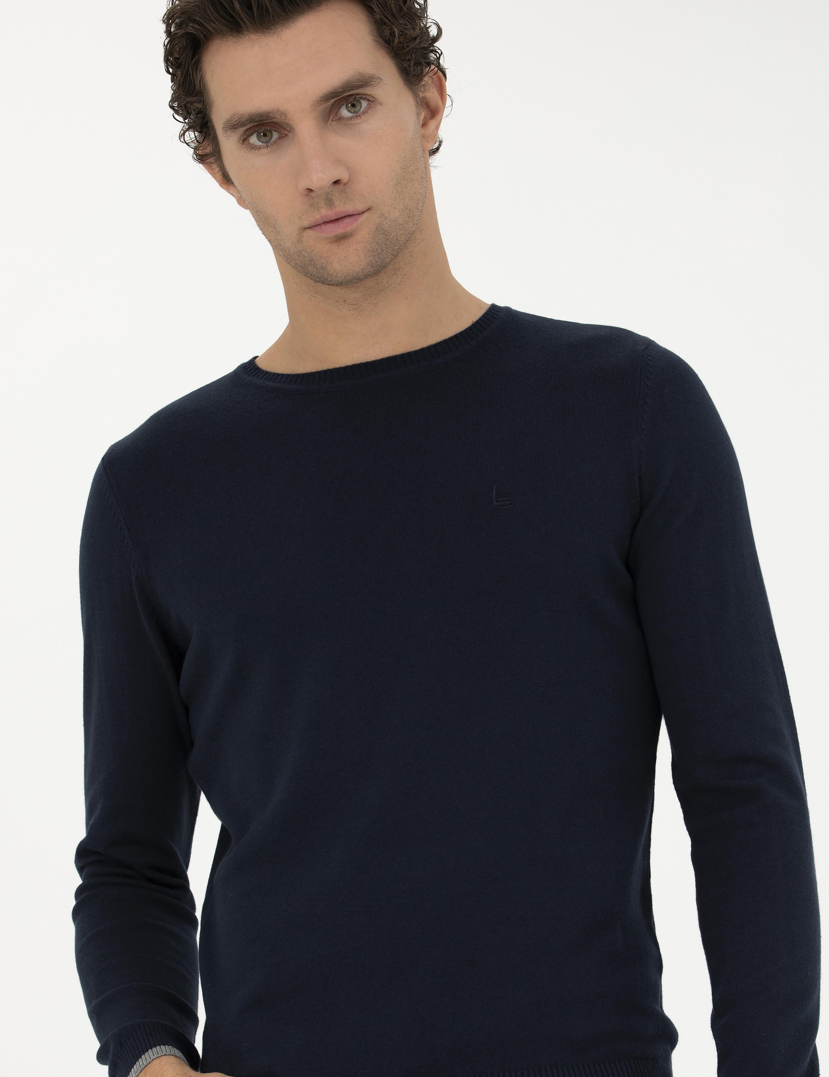 Lacivert Slim Fit Pamuk Karışımlı Bisiklet Yaka Basic Triko Kazak - 50245040013