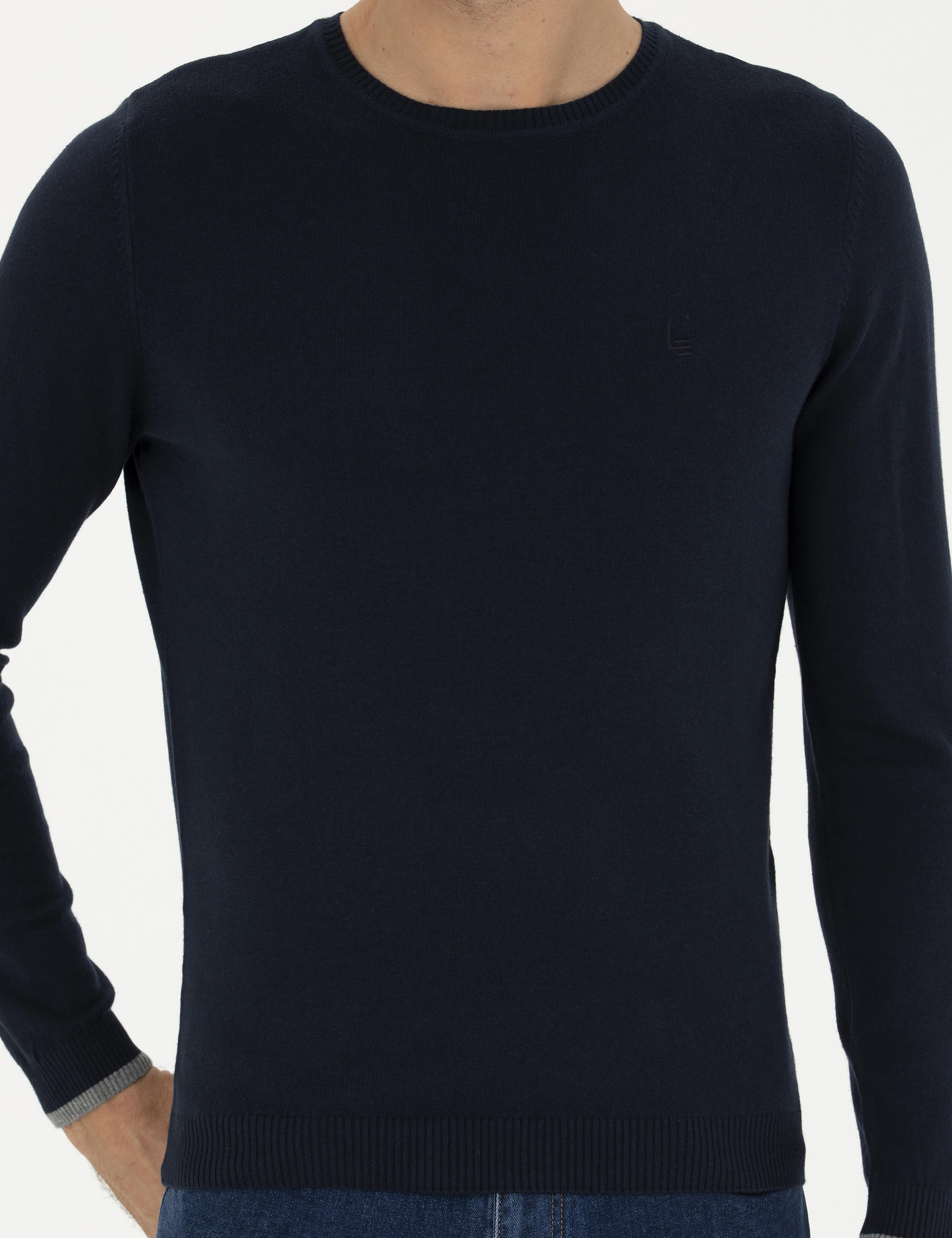 Lacivert Slim Fit Pamuk Karışımlı Bisiklet Yaka Basic Triko Kazak - 50245040013