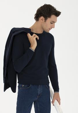 Lacivert Slim Fit Pamuk Karışımlı Bisiklet Yaka Basic Triko Kazak