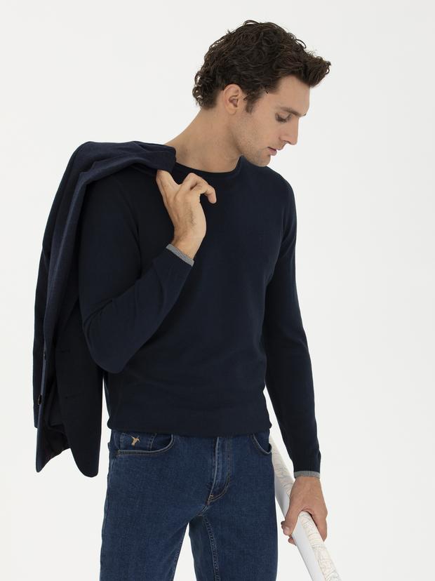 Lacivert Slim Fit Pamuk Karışımlı Bisiklet Yaka Basic Triko Kazak