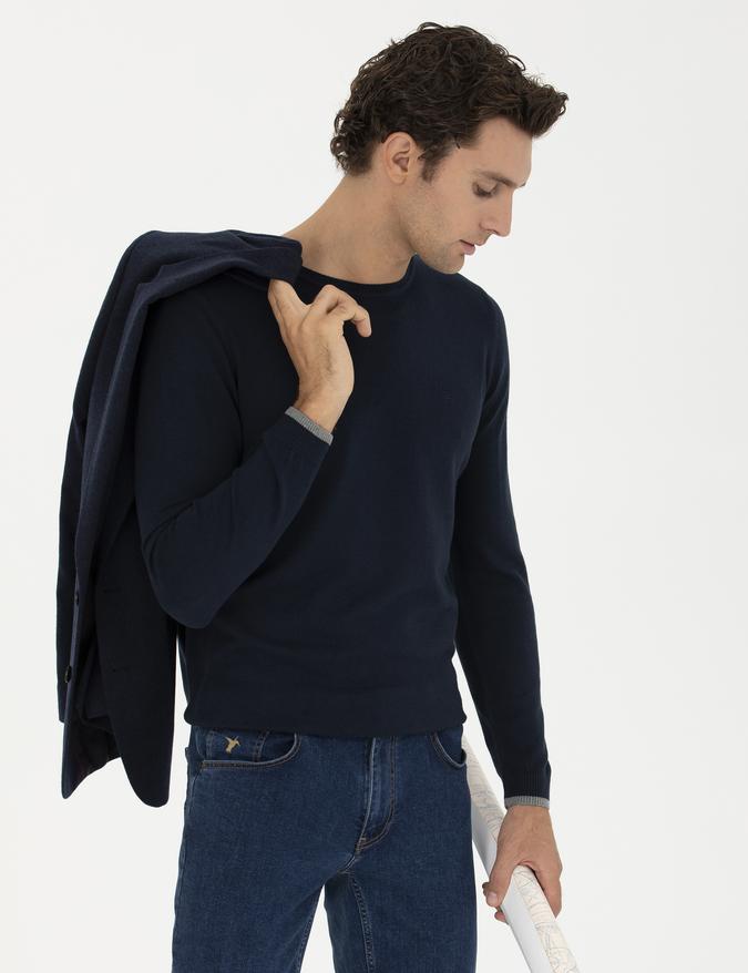 Lacivert Slim Fit Pamuk Karışımlı Bisiklet Yaka Basic Triko Kazak