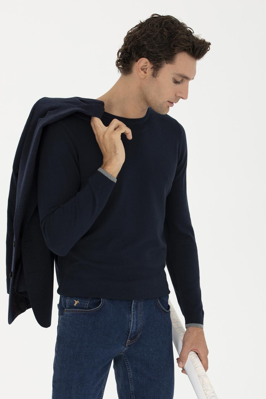 Lacivert Slim Fit Pamuk Karışımlı Bisiklet Yaka Basic Triko Kazak - 50245040013