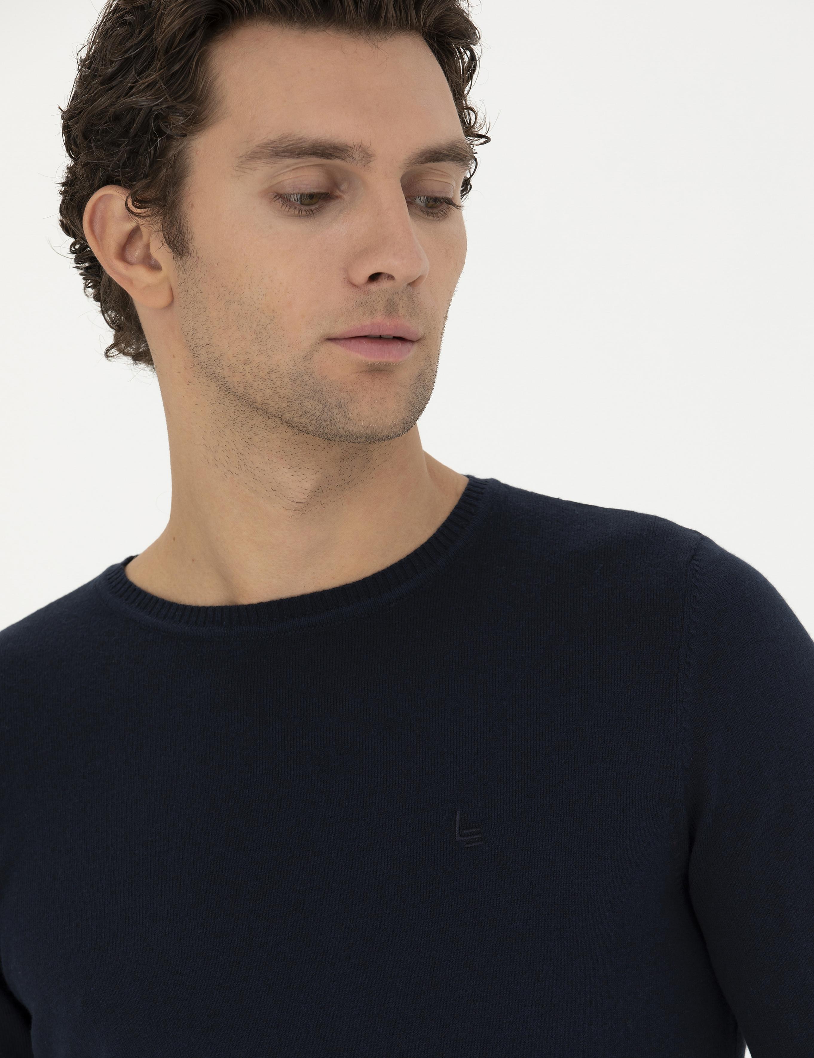Lacivert Slim Fit Pamuk Karışımlı Bisiklet Yaka Basic Triko Kazak - 50245040013