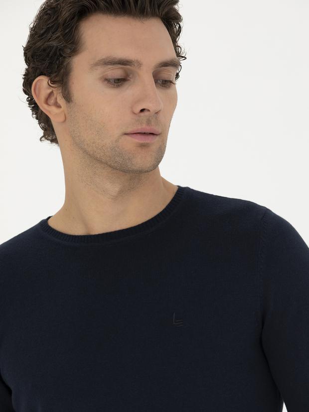Lacivert Slim Fit Pamuk Karışımlı Bisiklet Yaka Basic Triko Kazak