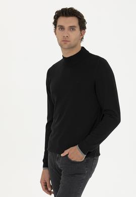 Siyah Slim Fit Pamuk Karışımlı Yarım Balıkçı Basic Triko Kazak